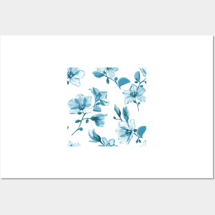 Transparent tropical Bauhinia watercolor flowers. Translucent Orchid tree branches. Exotic blue Magnolia flower. Xray flowers Posters and Art